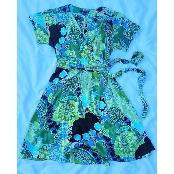 Banana Republic Silk Wrap Dress V-Neck Boho Floral Print Green Blue Womens  12 - Picture 8 of 16